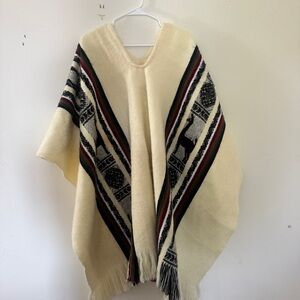 Cream and Black vintage handwoven alpaca poncho from Ecuador